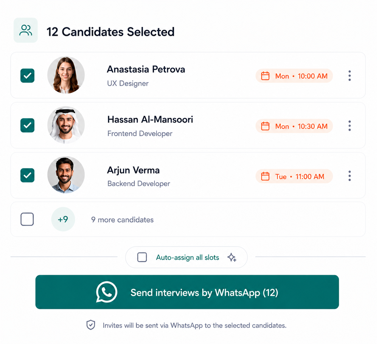 Interview scheduling with selected candidates and WhatsApp invites